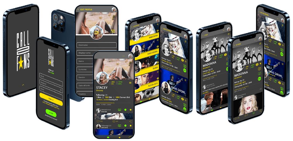 Vários ecrãs de telemóvel da app Call to Fans em cinzento escuro e amarelo
