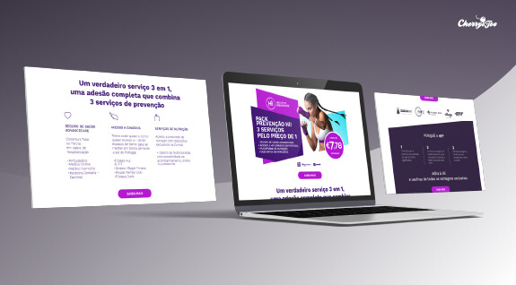 Landing pages da Hi! Healthy Insurance num portátil e em dois ecrãs, com o pack de prevenção a 7,78 €