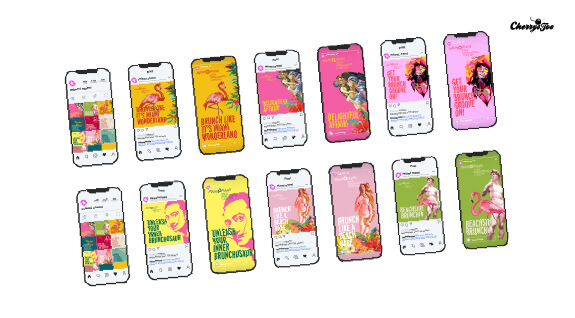 Grelha de posts de Instagram da campanha de brunch Miami Mami, com flamingos e cores tropicais