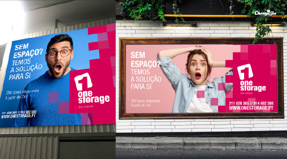 Dois cartazes Sem espaço? da One Storage, com pessoas surpreendidas e quadrados magenta