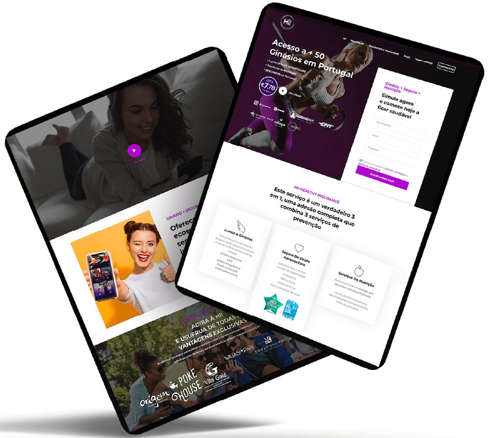 Dois tablets com landing pages da Hi! Healthy Insurance