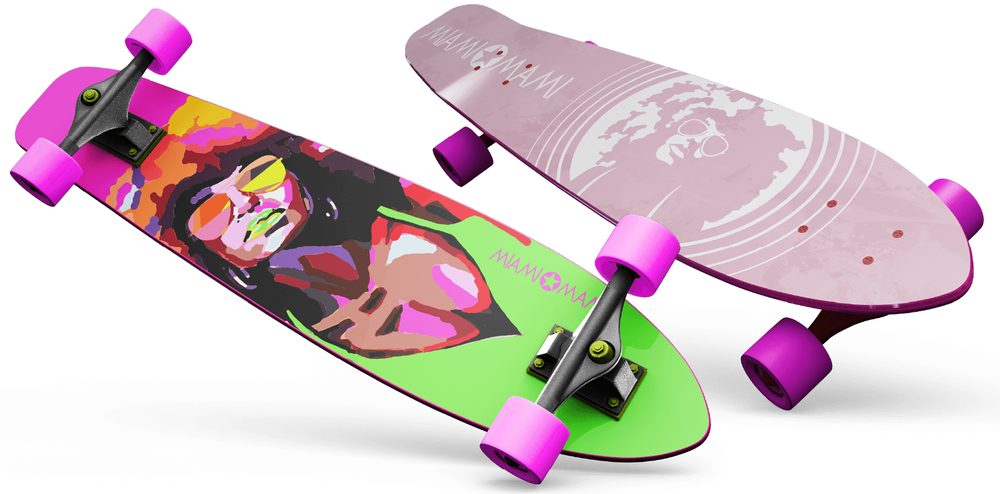 Dois longboards Miami Mami com ilustração pop art em rosa e verde