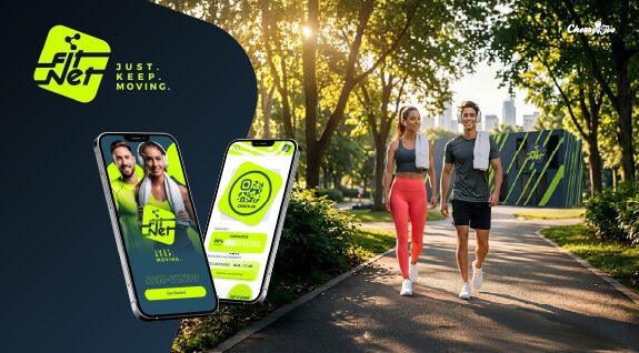 App e identidade Fit Net Gyms em telemóveis, com casal a caminhar