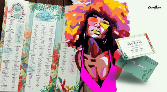 Menus e cartões Miami Mami com ilustração pop colorida