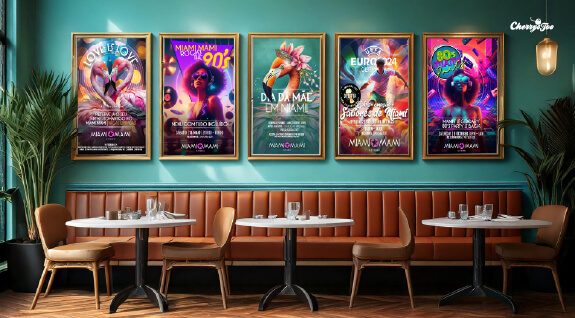 Cartazes de eventos Miami Mami emoldurados numa sala de restaurante